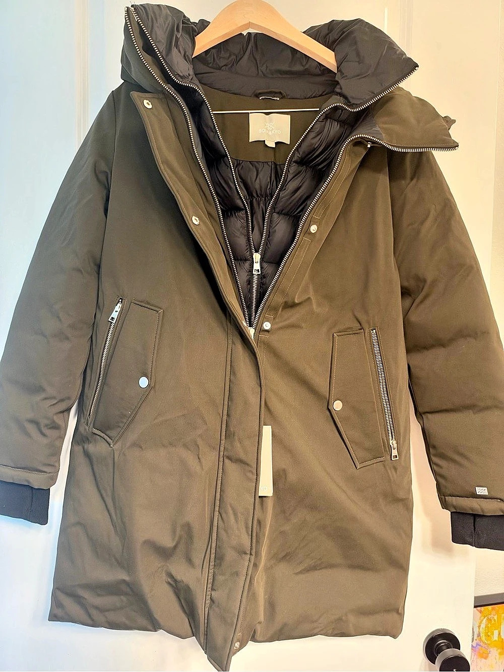 NWT SOIA & KYO Olive Green Down Mid-Length Parka Coat Large | -25°C Warmth